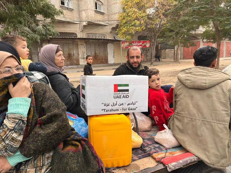 Emirates Red Crescent crews distribute necessities to around 65,000 people as part of relief measures.