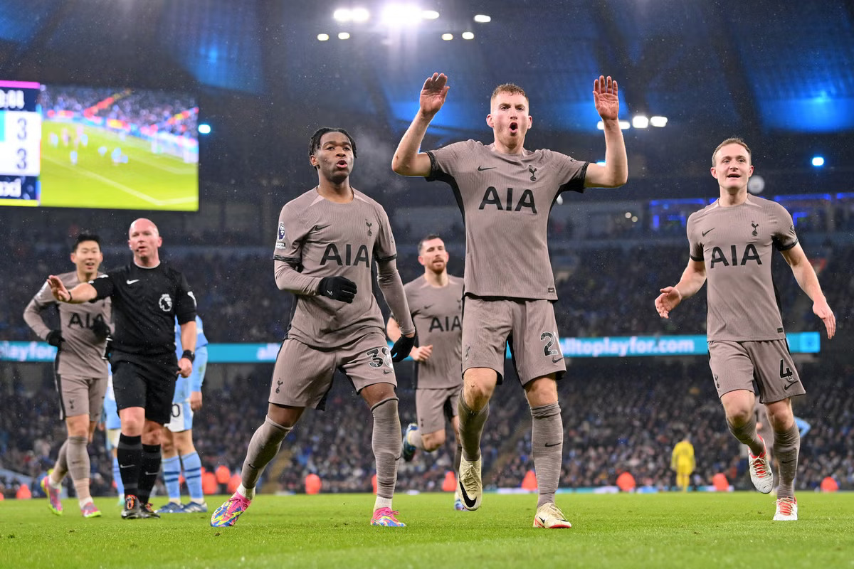 Tottenham forward Dejan Kulusevski's 90th-minute header denied Manchester City a win in a breathless six-goal thriller at Etihad Stadium.