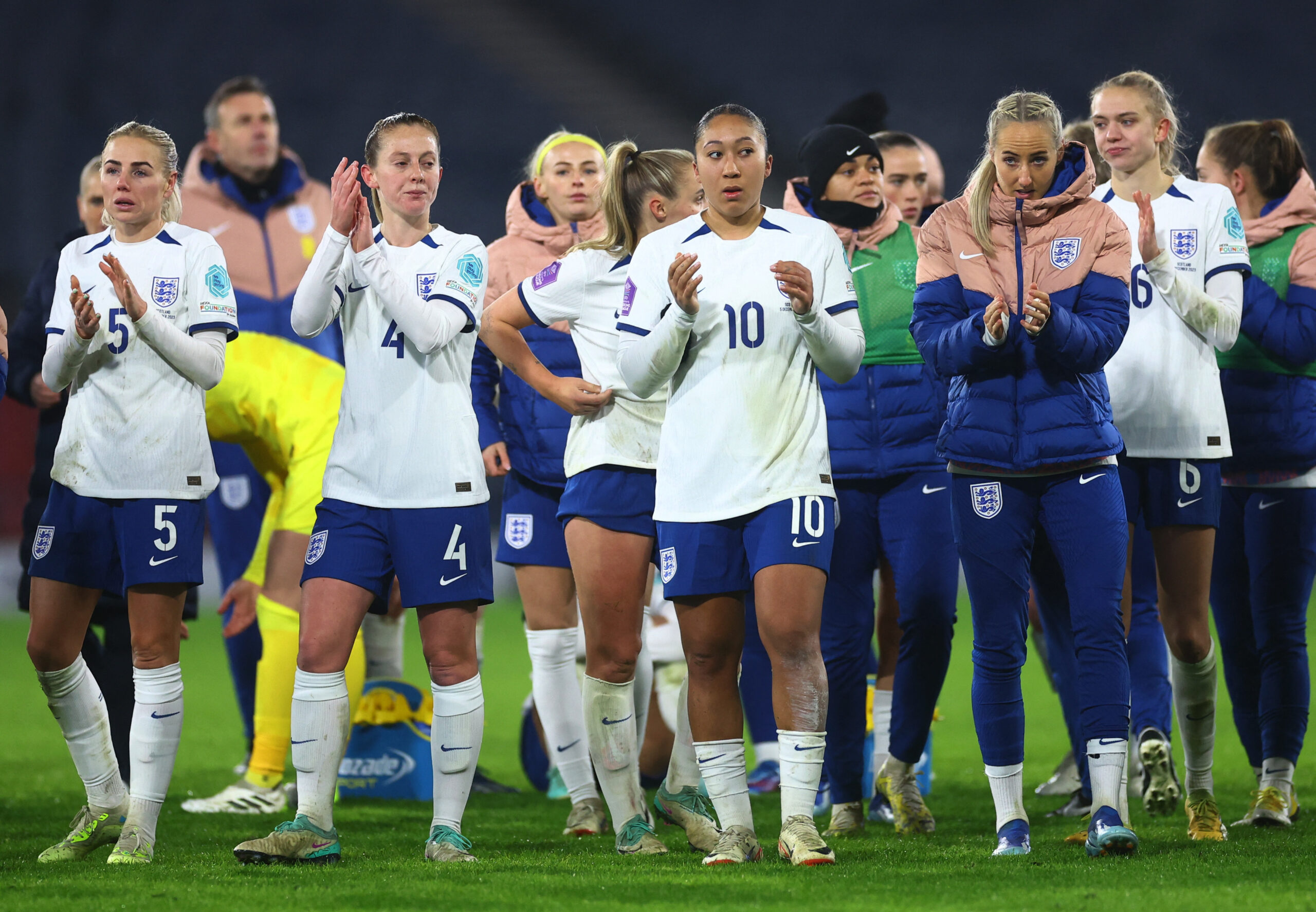 Merciless England pounded Scotland in their last Women's Nations League group game, but it was not enough to top the table after the Netherlands scored two stoppage-time goals against Belgium to deny them a dramatic finish.