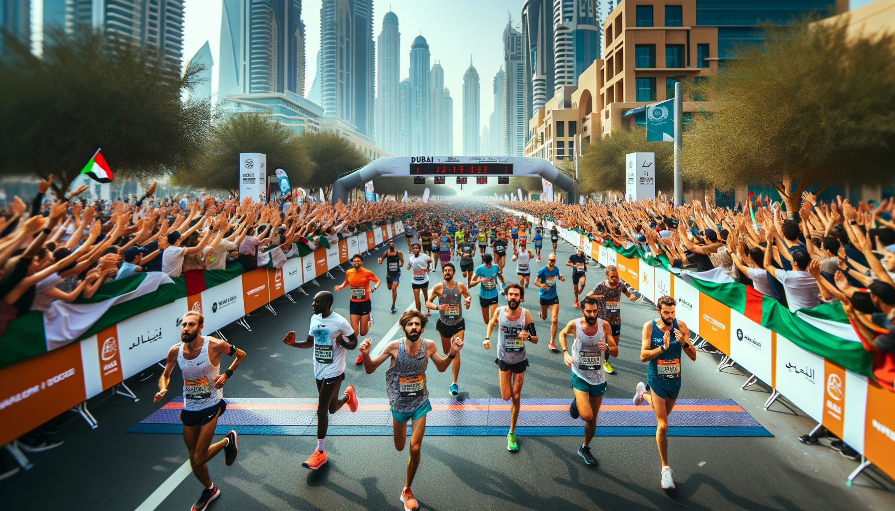 DALL·E 2024 01 05 19.50.36 The finish line of the Dubai Marathon with spectators cheering and runners crossing with triumphant expressions. The image captures the final moments