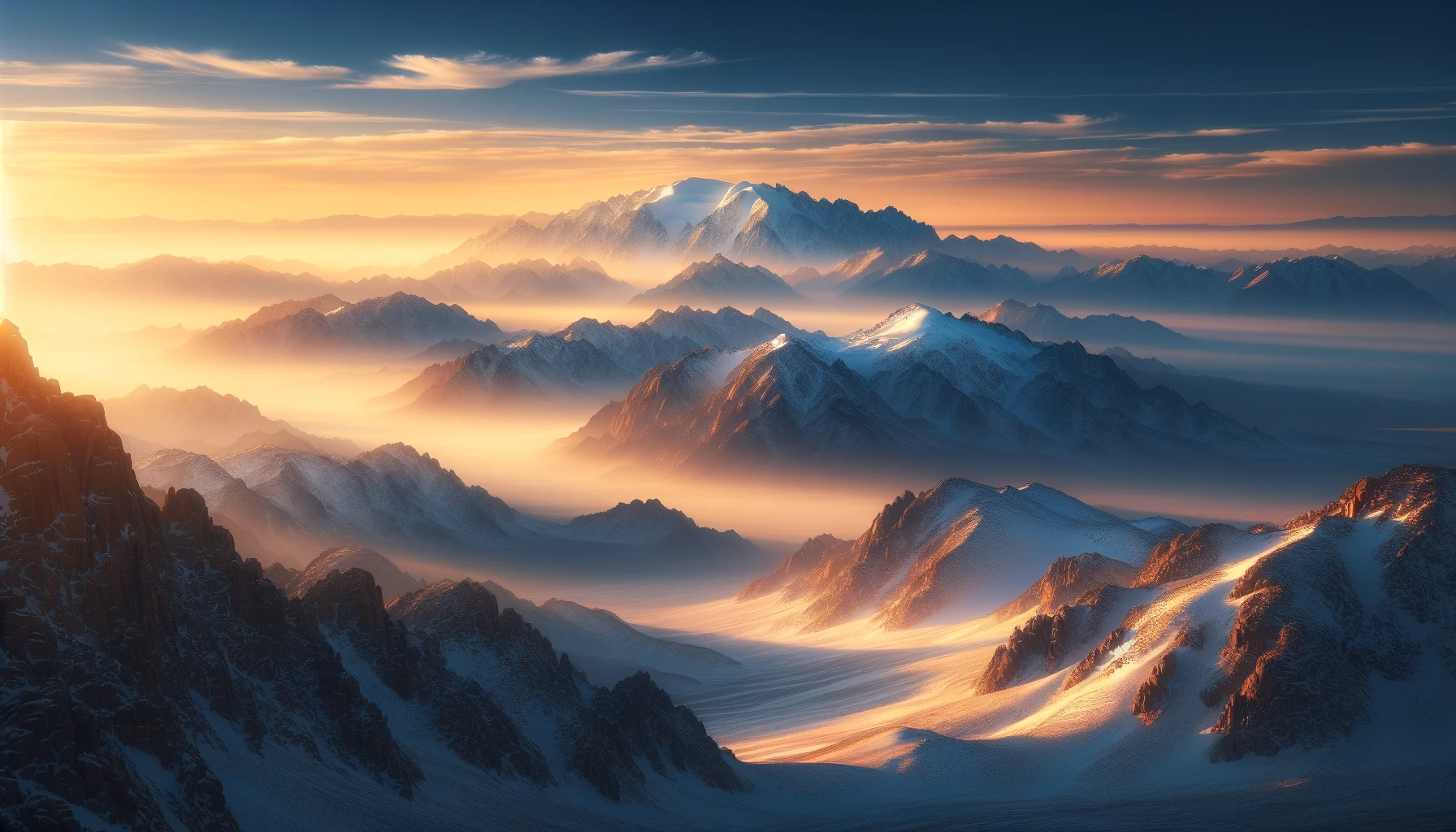 Sunrise over the snow-covered peaks of Jabal Al-Lawz. The golden light of the early morning sun bathes the snowy mountains, contrasting beautifully with the deep blue sky.