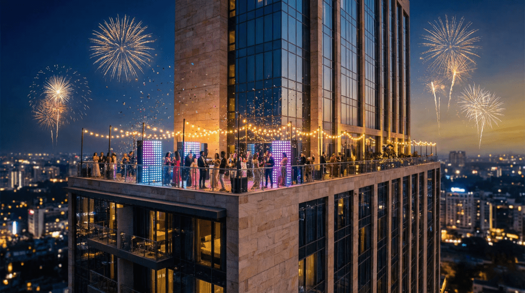 Hotel balconies with fireworks views