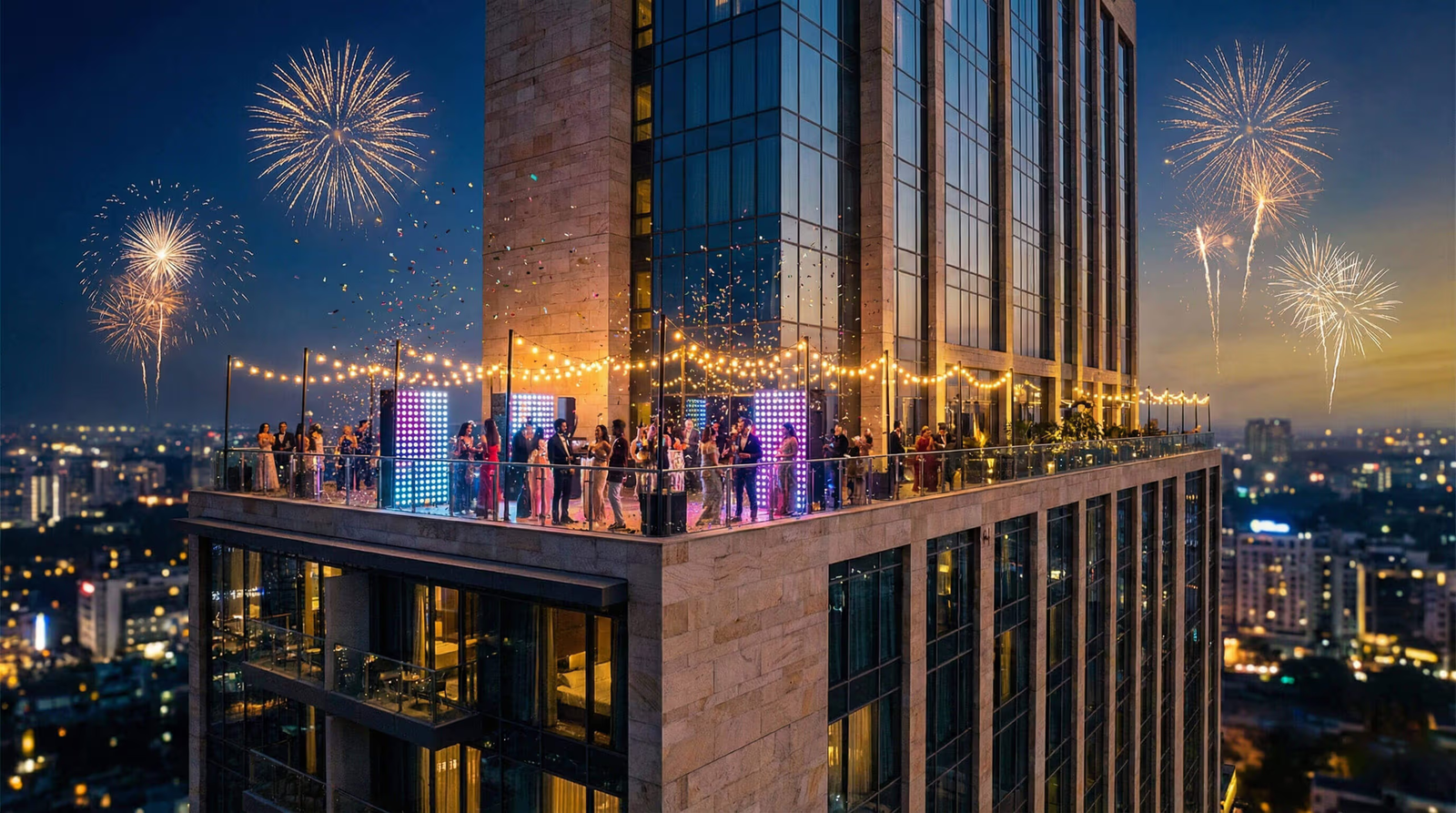 Hotel balconies with fireworks views